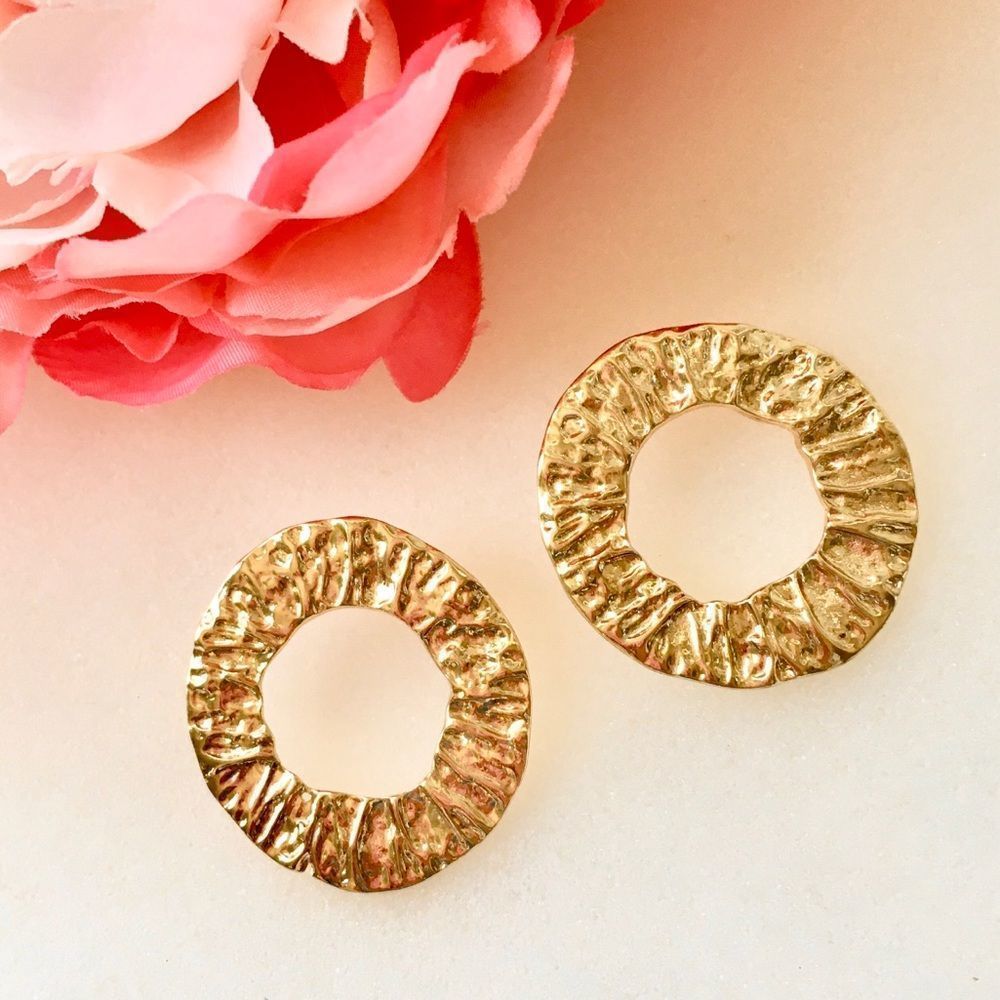 Goldtone Round Textured Open Circle Post Earring, NEW